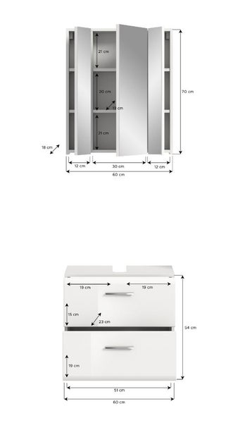 Technische Zeichnung mit Maßangaben in Zentimetern für einen dreitürigen Spiegelschrank und einen Waschbeckenunterschrank mit zwei Schubladen.