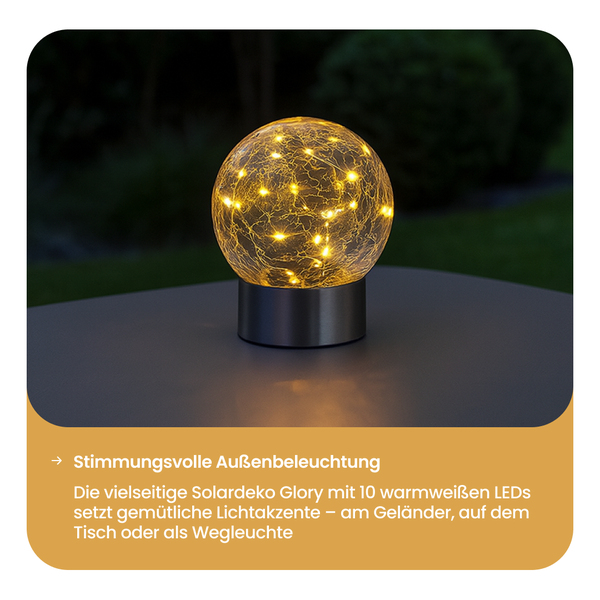 Solarleuchte in Kugelform mit warmweißen LEDs für den Außenbereich