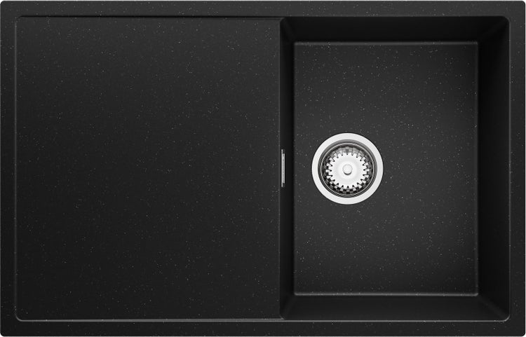 PRIMAGRAN Granitspüle Oslo S342 – Schwarz Metallic, 78x50 Cm, Mit Abtropffläche & Ablauf-Set – Für Küchen Ab 80 Cm