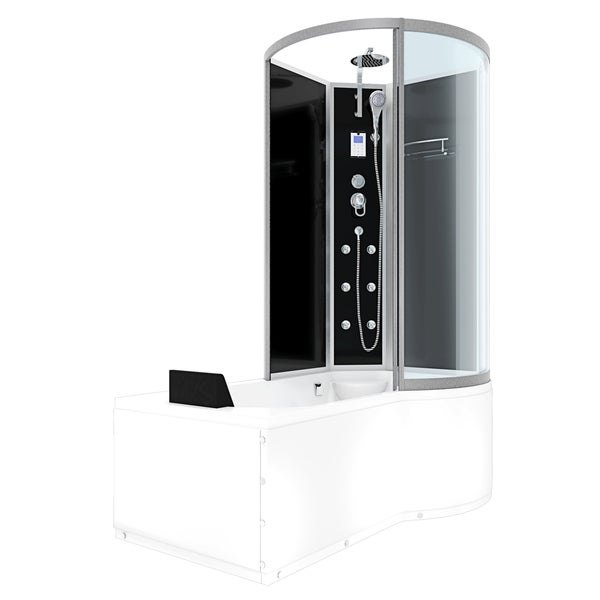 Dusch-Badewannen-Kombination mit Glasduschkabine, Regendusche, Handbrause und Massagedüsen.