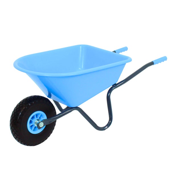 Blaue Kinderschubkarre mit Kunststoffmulde und Metallgestell.