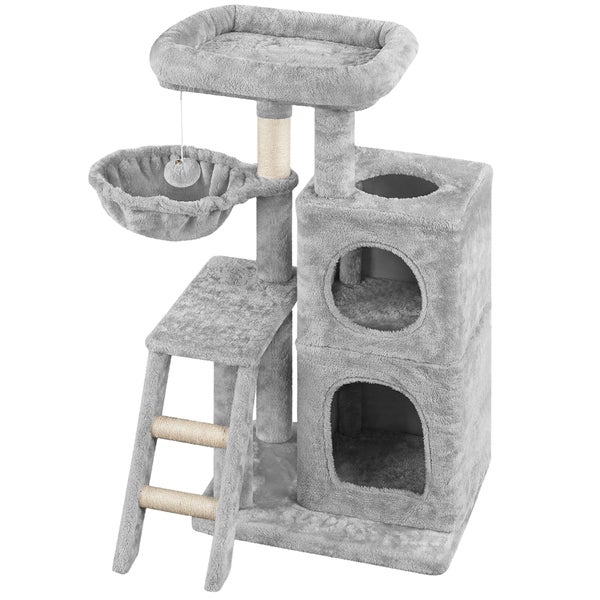 Grauer Kratzbaum mit Plattform, Liegemulde, Kratzsäule und Katzenhaus