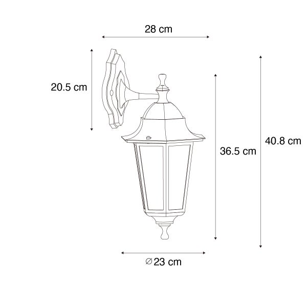Technische Zeichnung einer Außenwandleuchte mit Maßen: Gesamthöhe 40,8 Zentimeter, Ausladung 28 Zentimeter und Durchmesser 23 Zentimeter.