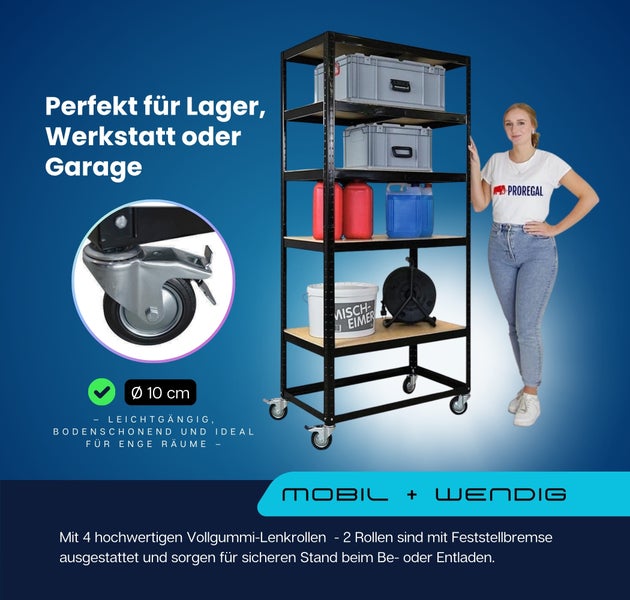 Mobiles Schwerlastregal aus Metall mit fünf Fachböden und vier Vollgummi-Lenkrollen mit 10 Zentimeter Durchmesser, ProRegal Logo.