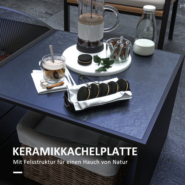 Outsunny Feuerschale, Feuerkorb mit Funkengitter, Feuerstelle mit Schürhaken, Ablage für Garten, Terrasse, Metall, Schwarz