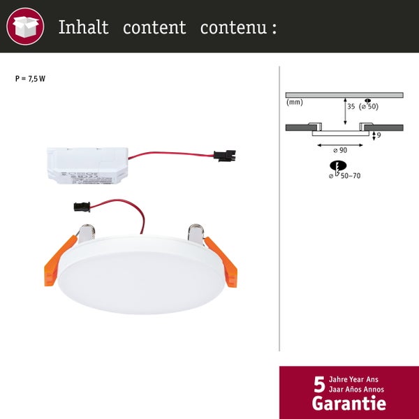 LED Einbaustrahler Set mit 7,5 Watt, Durchmesser 90 Millimeter, Einbauöffnung 50 bis 70 Millimeter, Einbautiefe 35 Millimeter und 5 Jahren Garantie.