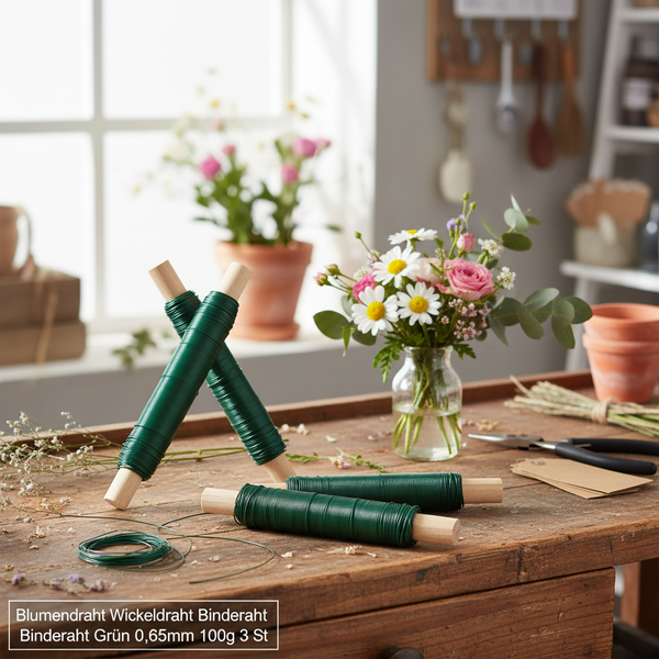 Grüner Blumendraht auf Holzstäben, Stärke 0,65 Millimeter, für Floristik auf einer hölzernen Werkbank mit Blumen und einer Gartenschere.