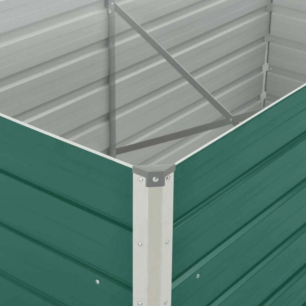 Detailansicht der Eckverbindung eines Hochbeetes aus Metall mit grüner Außenwand, grauer Innenwand und interner Querstrebe.