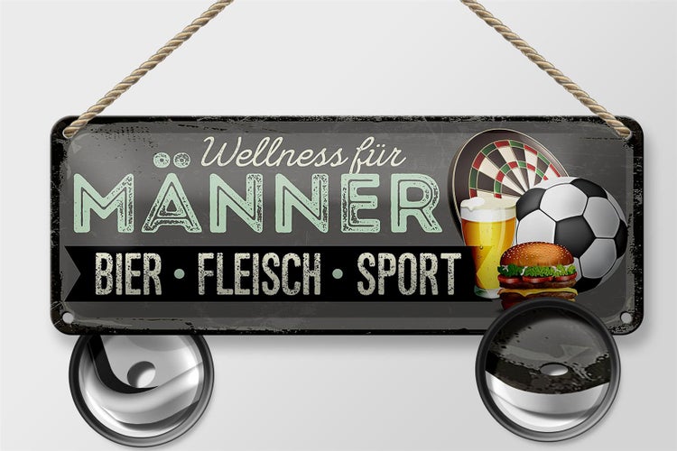 Blechschild Spruch 27x10cm Wellness für Männer Bier Fleisch