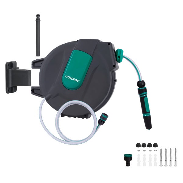 VONROC Schlauchtrommel Gartenschlauch als Schlauchaufroller 15 Meter - Wasserschlauch 180 drehbar als Schlauchbox inkl. Schlauchhalter Wand & Einzugautomatik - Grün