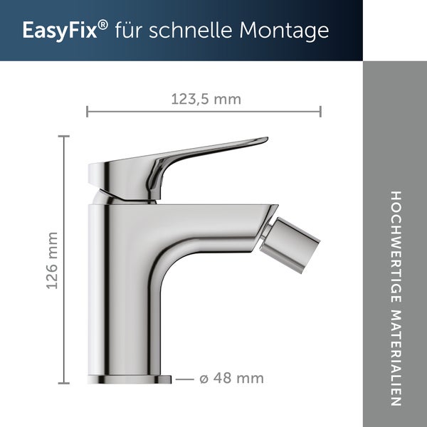 Bidetarmatur mit Maßangaben für einfache Montage