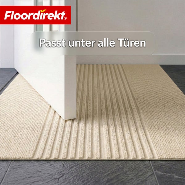 Floordirekt Logo. Eine flache Fußmatte mit Rippenstruktur liegt unter einer geöffneten Tür. Passt unter alle Türen.