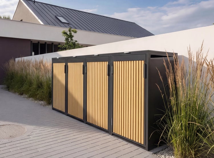 Moderne Mülltonnenbox für vier Tonnen mit dunklem Metallrahmen und vertikalen Holzlatten in einem modern gestalteten Außenbereich.