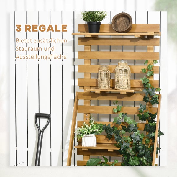 Outsunny Hochbeet mit Rankgitter, Pflanzkasten mit 3 Ablagen, Blumenkasten mit Rankhilfe, für Kletterpflanzen, Garten, Terrasse, aus Holz, Braun, 63 x 39 x 160 cm
