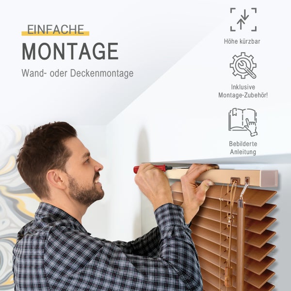 Mann bei der Wandmontage eines Holzjalousie mit Schraubendreher und bebilderten Montagehinweisen