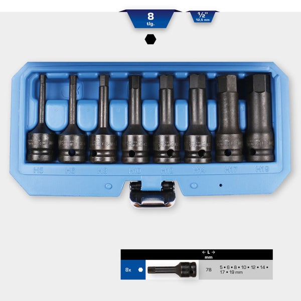 8-teiliges Innensechskant-Bit-Set mit 12,5 Millimeter Aufnahme in blauem Koffer