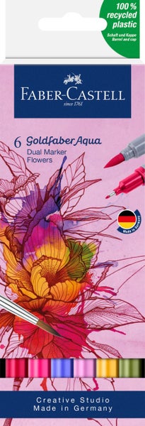 Faber-Castell Goldfaber Aqua Dual Marker - Set Tuscany 6 Pennarelli Acquerellabili Con Doppia Punta (Fineliner 0,4 Mm E Pennello) - Materiale Riciclato