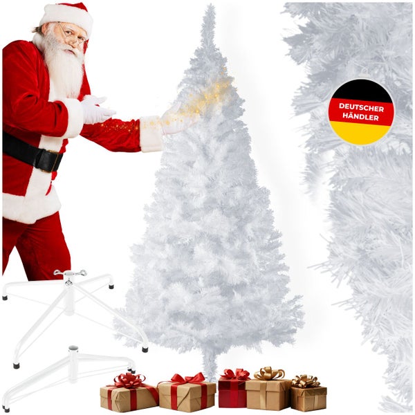 Weihnachtsszene mit weißem Weihnachtsbaum, Geschenken, Baumständer und Weihnachtsmann, gekennzeichnet mit dem Siegel Deutscher Händler.