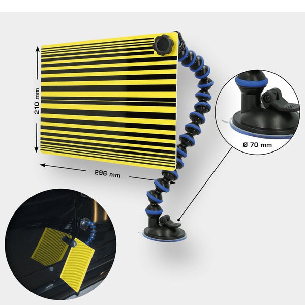 Dellenreflektorplatte mit Saugnapf und flexiblem Arm, Abmessungen 210 x 296 Millimeter, Saugnapfdurchmesser 70 Millimeter