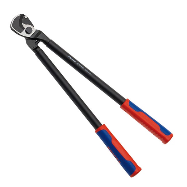 Knipex Kabelschere mit langen Schenkeln und blau-roten Mehrkomponenten-Hüllen zum Schneiden von Kupfer- und Aluminiumkabeln.