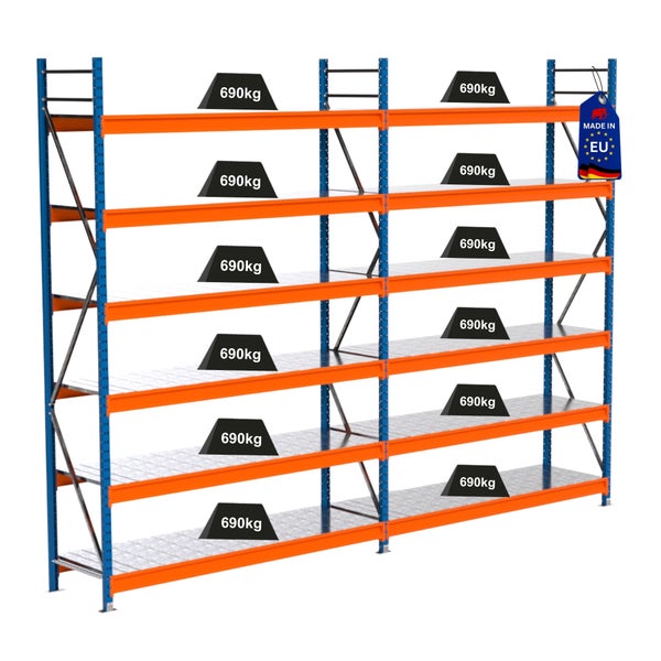 Lagerregal mit einer Traglast von 690 Kilogramm pro Ebene und Made in EU Kennzeichnung.