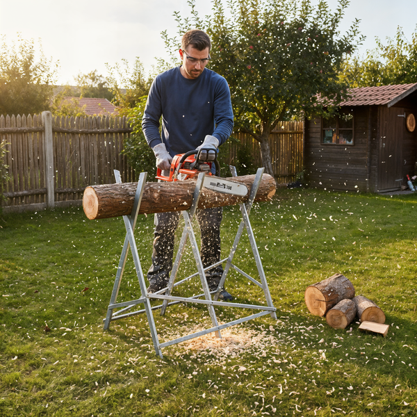 Mann sägt mit einer Kettensäge Holz auf einem Sägebock im Garten.