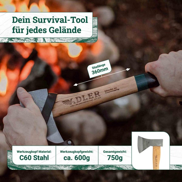 Adler Survival Axt mit Holzstiel, 360 Millimeter Stiellänge, Kopf aus C60 Stahl mit 600 Gramm Gewicht, Gesamtgewicht 750 Gramm, Made in Germany.