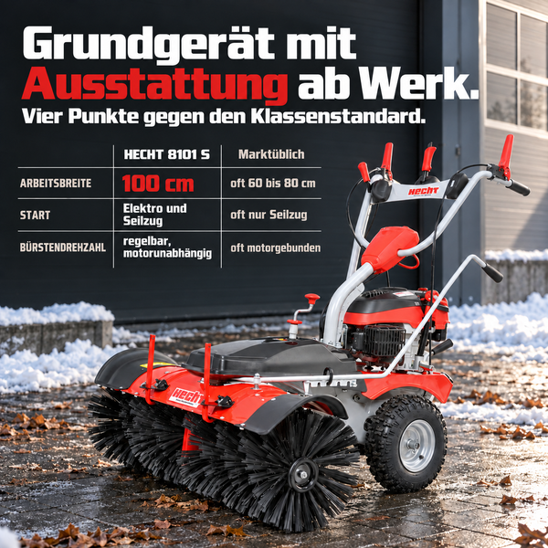 Hecht Kehrmaschine mit dreifach höhenverstellbarem Schiebegriff und Benzinmotor zur Schneeräumung auf einem befestigten Weg.