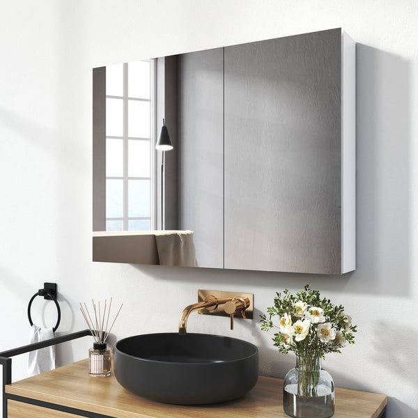 EMKE Spiegelschrank 85L x 65H x 14,5T cm, Badezimmerschrank Weiß, 2-türig mit 3 mm kupferfreiem & rostfreiem Spiegelglas, 3 Ablagen, 105° Türöffnung, 304 Dämpfscharniere, großer Stauraum
