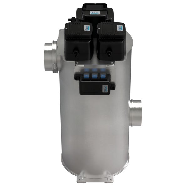 Oase Teichfiltermodul aus Edelstahl mit drei schwarzen Steuerungseinheiten und blauen Schaltern.