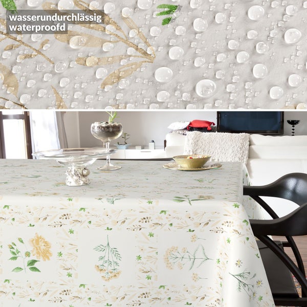 Wasserundurchlässige Tischdecke mit floralem Muster auf einem Esstisch sowie eine Detailansicht mit Wassertropfen auf der Oberfläche.