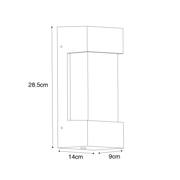 Technische Zeichnung einer Wandleuchte mit den Maßen 28,5 cm Höhe, 14 cm Breite und 9 cm Tiefe.