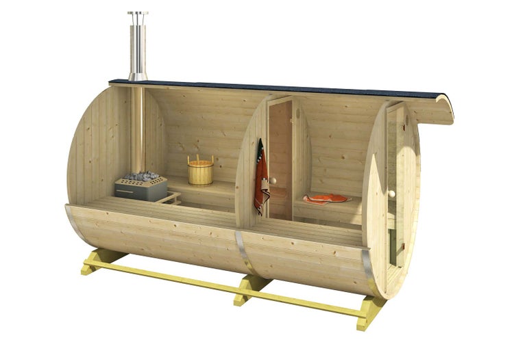 FinnTherm Fass-Sauna Finn Fasssauna 2 Sitzbänke aus Holz Sauna mit 40 mm Wandstärke, Außensauna mit Montagematerial