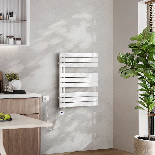 EMKE Elektrischer Design- Paneelheizkörper mit Thermostat und Timer für Handtuchwärmer, seitlich offen, Vertikal, 400 Watt, 60 cm x 76 cm, Weiß