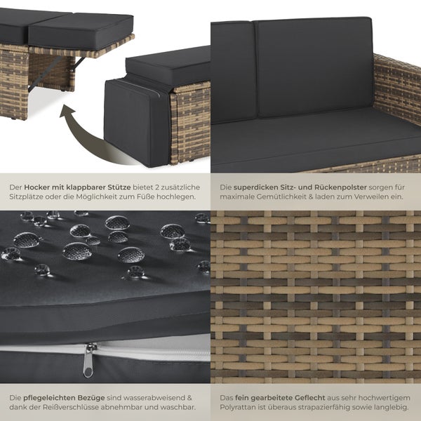 Rattan Lounge tectake Korfu Hocker mit klappbarer Stütze 2-Sitzer natur