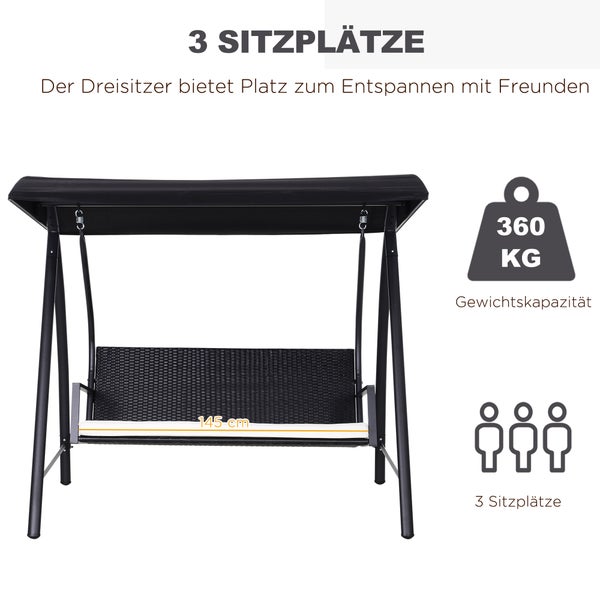 Outsunny Hollywoodschaukel, 3-Sitzer, mit Dach, 198 x 124 x 179 cm, Polyrattan+Metall, Schwarz