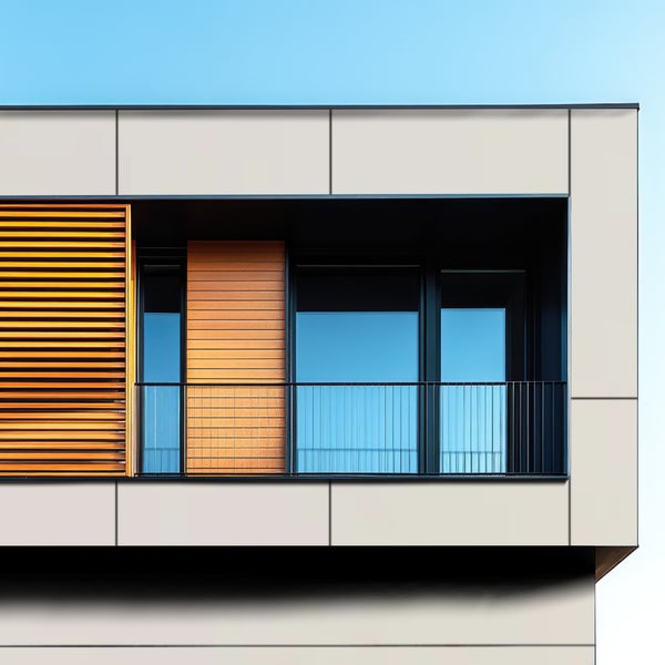 Außenansicht eines Gebäudes mit Fassadenverkleidung, Fenster und Balkon