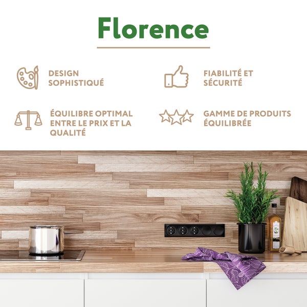 Küchenrückwand in Holzoptik mit Florence Produktvorteilen wie Design Zuverlässigkeit Preis Leistung und Sortiment.