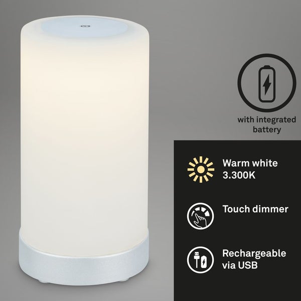 Briloner Leuchten - LED Tischlampe Akku, Dimmbar, Glas LED Tischleuchte Kabellos, Touchfunktion, 3.300K Warmweiß, Chrom-Matt-Weiß, 245x125 mm (HxD)