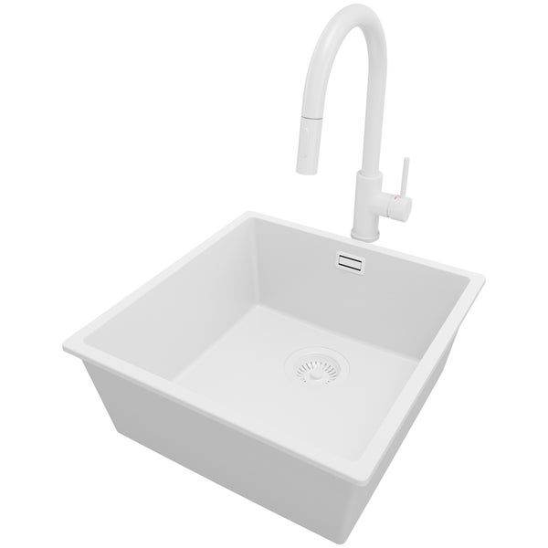 PRIMAGRAN Granitspüle Alles Weiß 46x47cm, Spülbecken 1 Becken + Küchenarmatur 40x20cm + Ablauf-Set, Küchenspüle ab 50er Unterschrank - London Slim