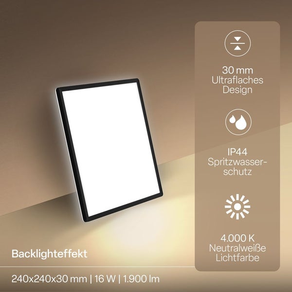 LED-Panel quadratisch, schwarzer Rahmen, Backlight-Effekt, 240 mal 240 mal 30 Millimeter, 16 Watt, 1900 Lumen, 4000 Kelvin neutralweiß, IP44.