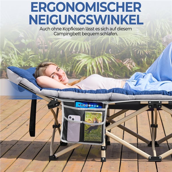 Frau entspannt auf einem Campingbett mit ergonomischer Neigung und Seitentaschen für persönliche Gegenstände