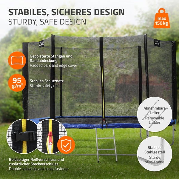 Hauki Trampolin Outdoor, Ø305 cm, Blau, GS geprüft, Rundes Gartentrampolin für Kinder bis 150 kg, Komplettset mit Sicherheitsnetz, Leiter, Randabdeckung, Gepolsterte Stangen, Stabile Kindertrampolin