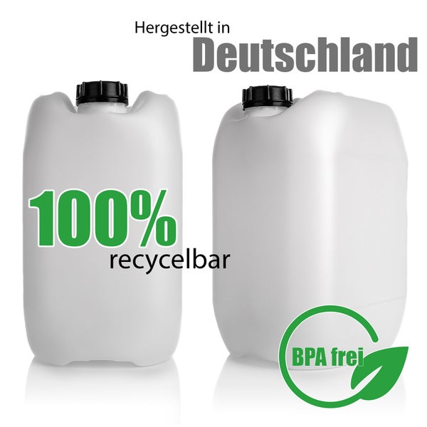 Zwei Kunststoffkanister mit Schraubverschluss, hergestellt in Deutschland, 100 Prozent recycelbar, BPA frei