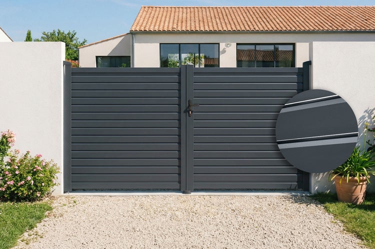 Zweiflügeliges Einfahrtstor aus Aluminium in Anthrazit mit horizontalen Lamellen, montiert zwischen zwei weißen Mauern vor einem Haus.
