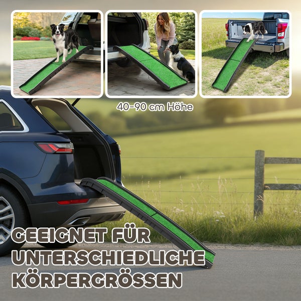 Hunderampe mit grüner Anti-Rutsch-Oberfläche an Auto und Pickup, höhenverstellbar von 40 bis 90 Zentimeter, für unterschiedliche Hundegrößen.