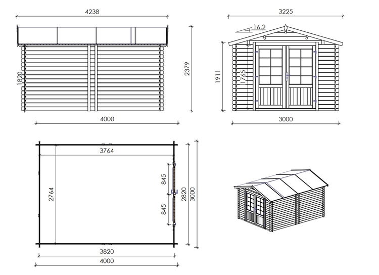 Gartenhaus, Gerätehaus 12m2 - 3x4m - 28mm