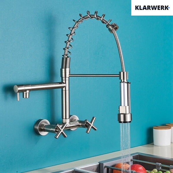 Björn | Gastronomie Wandmontage Armatur Silber gebürstet | Profi Küchenarmatur Edelstahl Zwei Brausen | Doppelspülbecken Wasserhahn Restaurant Wand
