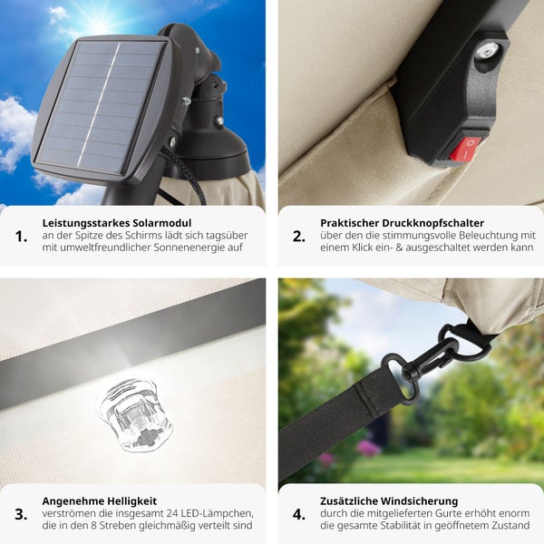 Sonnenschirm tectake Sunna wasserabweisend, inkl. Windsicherung und Schutzhülle 250 x 250 cm mit LED Solar-Beleuchtung beige
