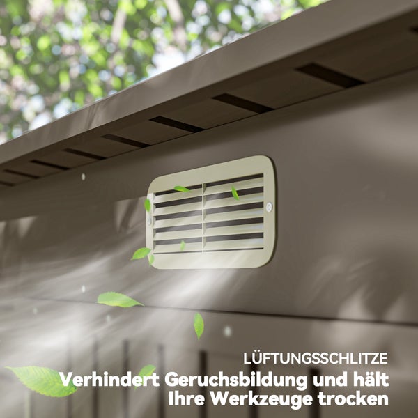 Lüftungsschlitz an einem Gartenhaus zur Vermeidung von Feuchtigkeit und Geruchsbildung.